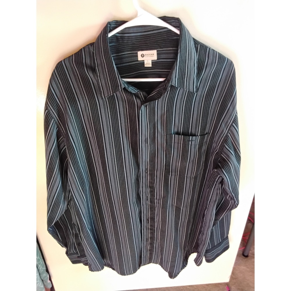 Haggar Mens Large Long Sleeve Button Down Shirt‎ Black Teal Striped Dress Shirt